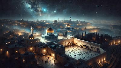 The primary subject of the image is a large mosque with a massive dome, surrounded by a crowd of people. The setting is a city at night, with the mosque and its surroundings illuminated by lights. The visual style is a digital art or illustration, creating a captivating and detailed scene. The colors and mood of the image are predominantly dark, with the mosque and its lights serving as the main focal point.